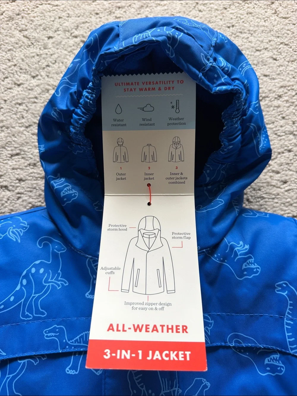Cat & Jack 3-in-1 Snowplay Jacket Blue Dinosaur All-Weather Coat Boys 2T NWT